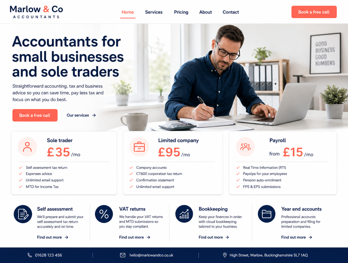 Example accountants website design showing the homepage on desktop