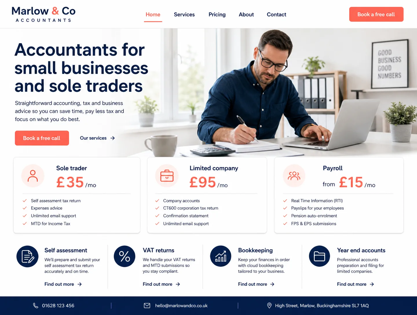 Example accountants website design showing the homepage on desktop
