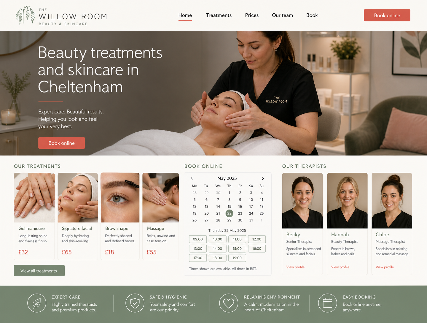 Example beauty salons website design showing the homepage on desktop
