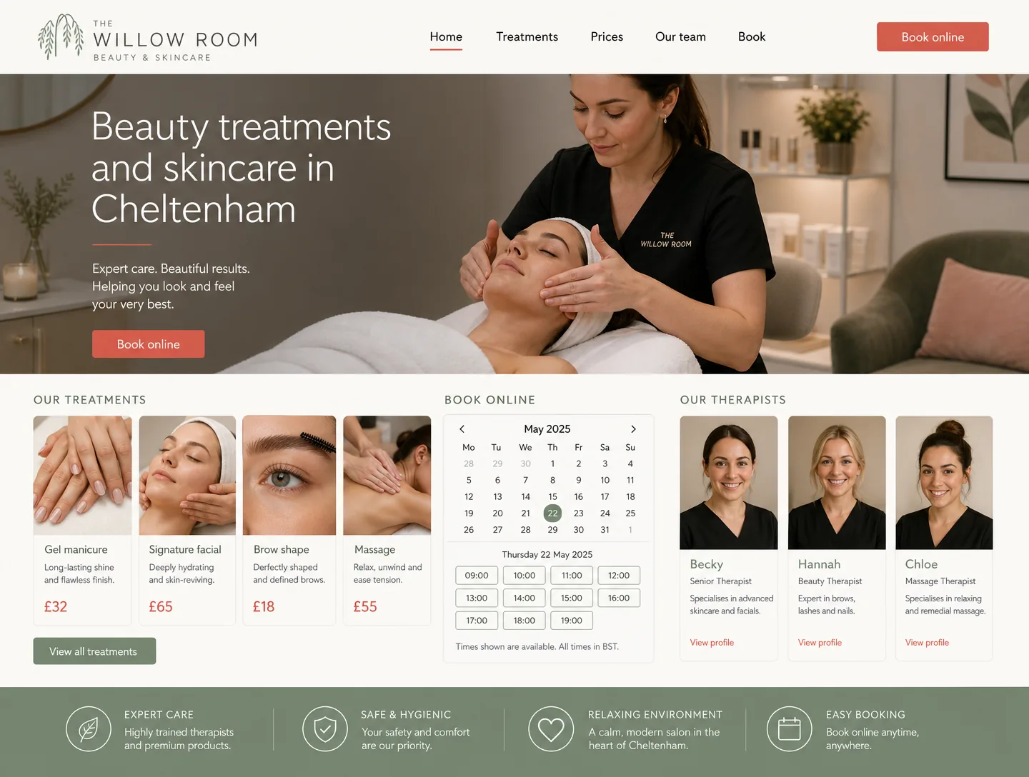 Example beauty salons website design showing the homepage on desktop