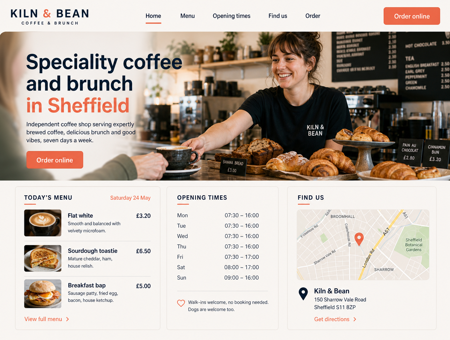 Example cafes & coffee shops website design showing the homepage on desktop