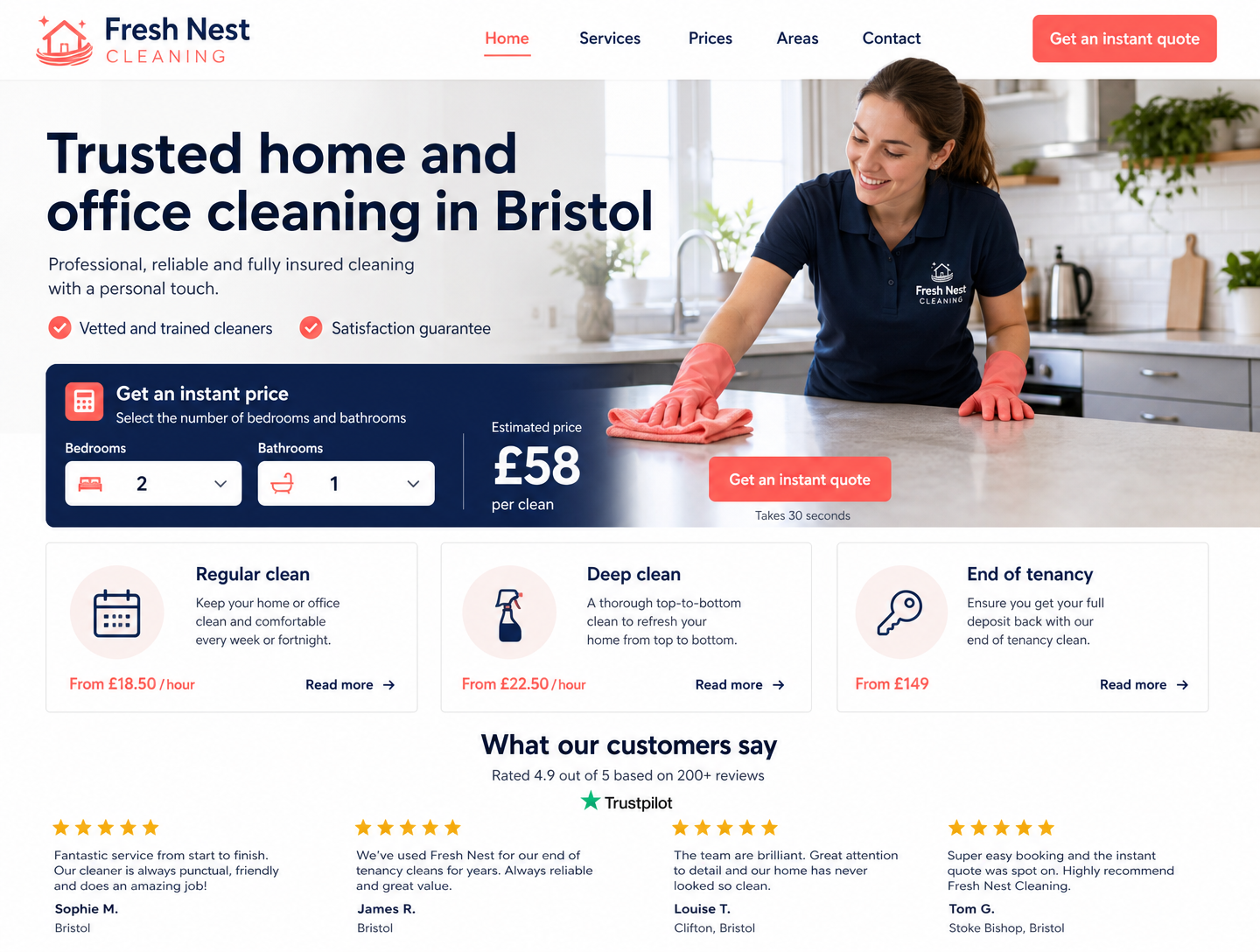 Example cleaning companies website design showing the homepage on desktop