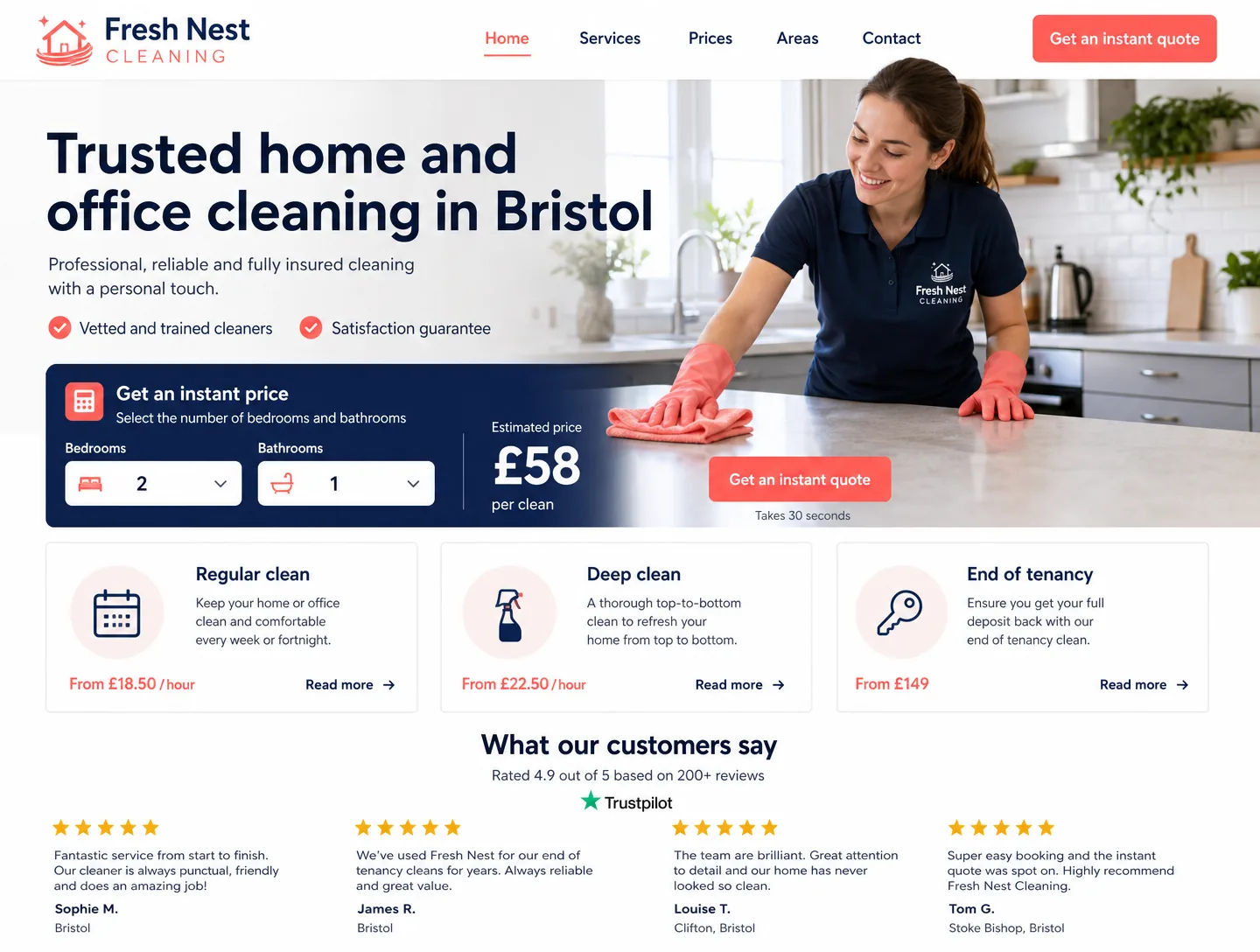Example cleaning companies website design showing the homepage on desktop