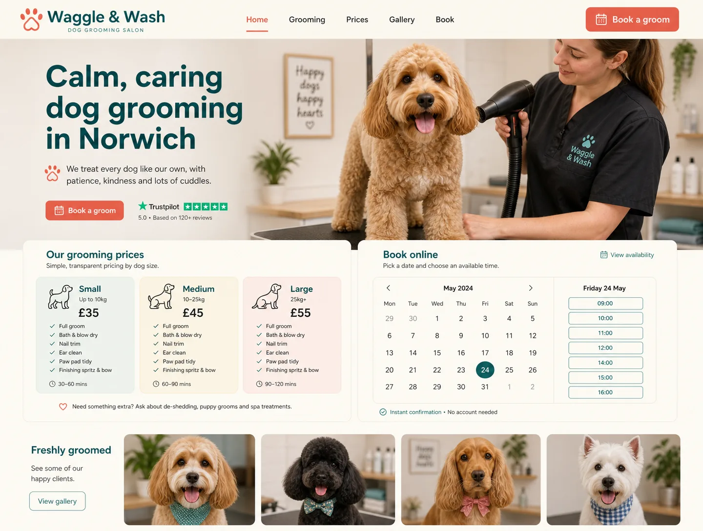 Example dog groomers website design showing the homepage on desktop