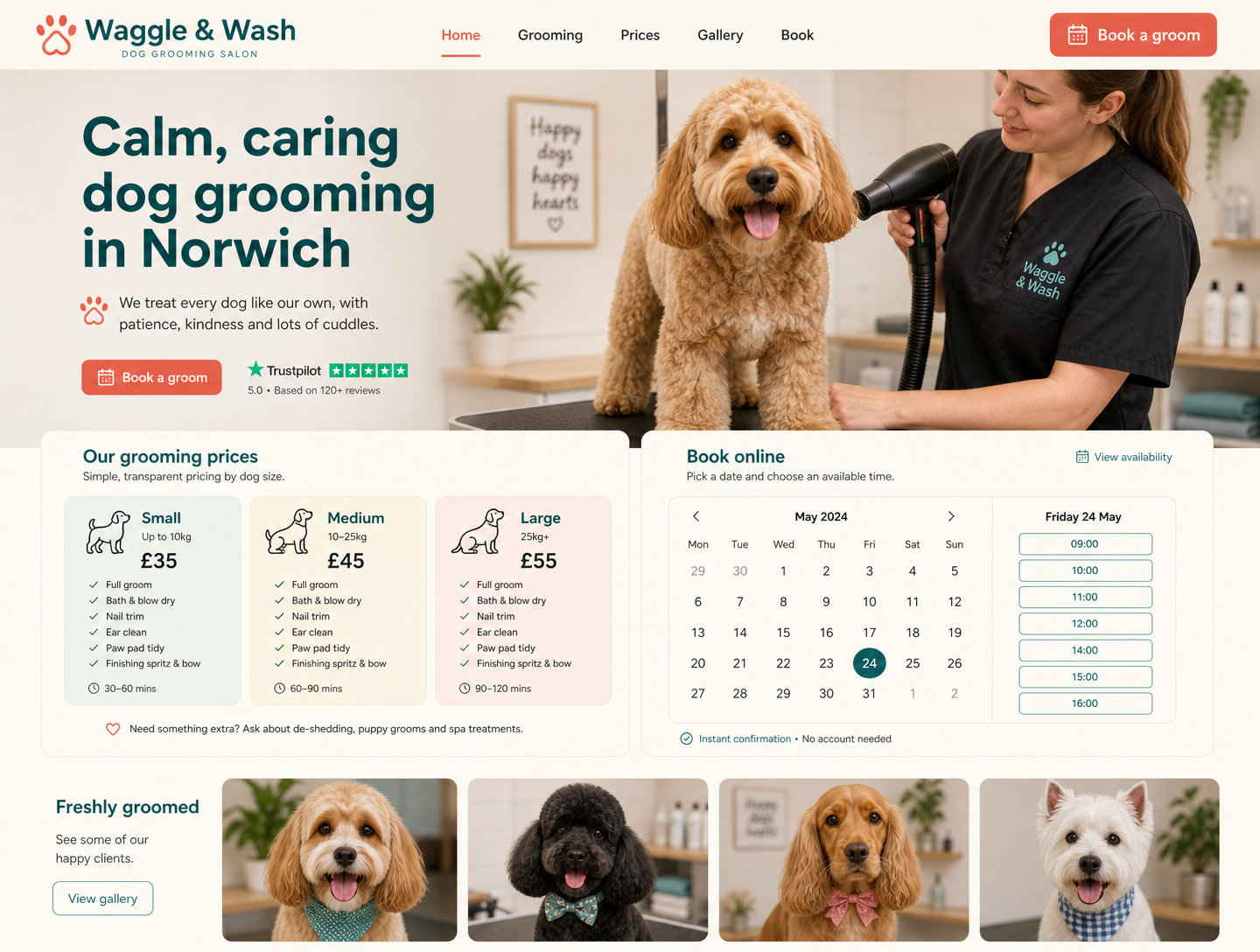 Example dog groomers website design showing the homepage on desktop