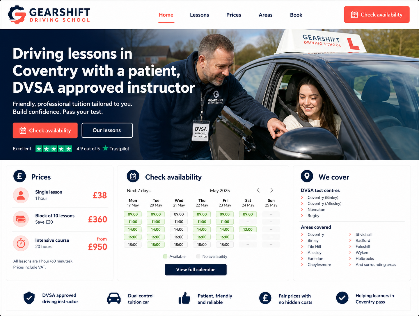 Example driving instructors website design showing the homepage on desktop