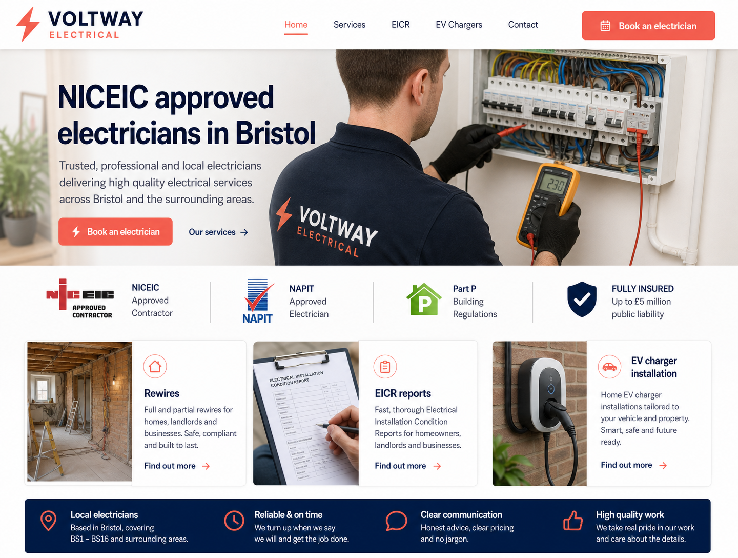 Example electricians website design showing the homepage on desktop