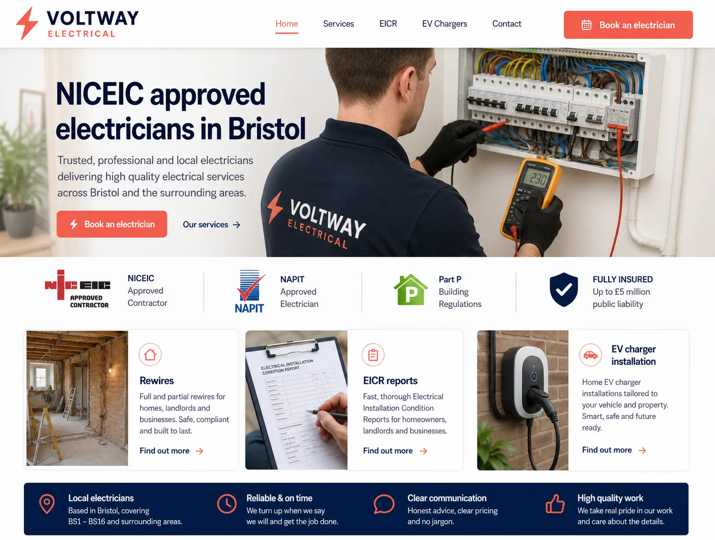 Example electricians website design showing the homepage on desktop
