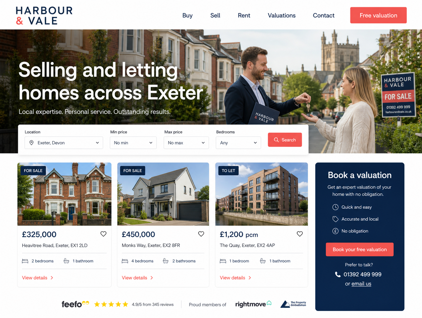 Example estate agents & property services website design showing the homepage on desktop