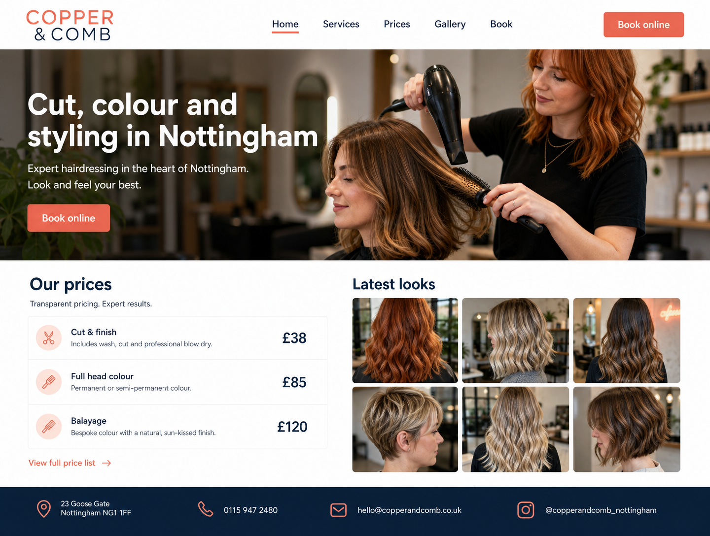 Example hairdressers website design showing the homepage on desktop