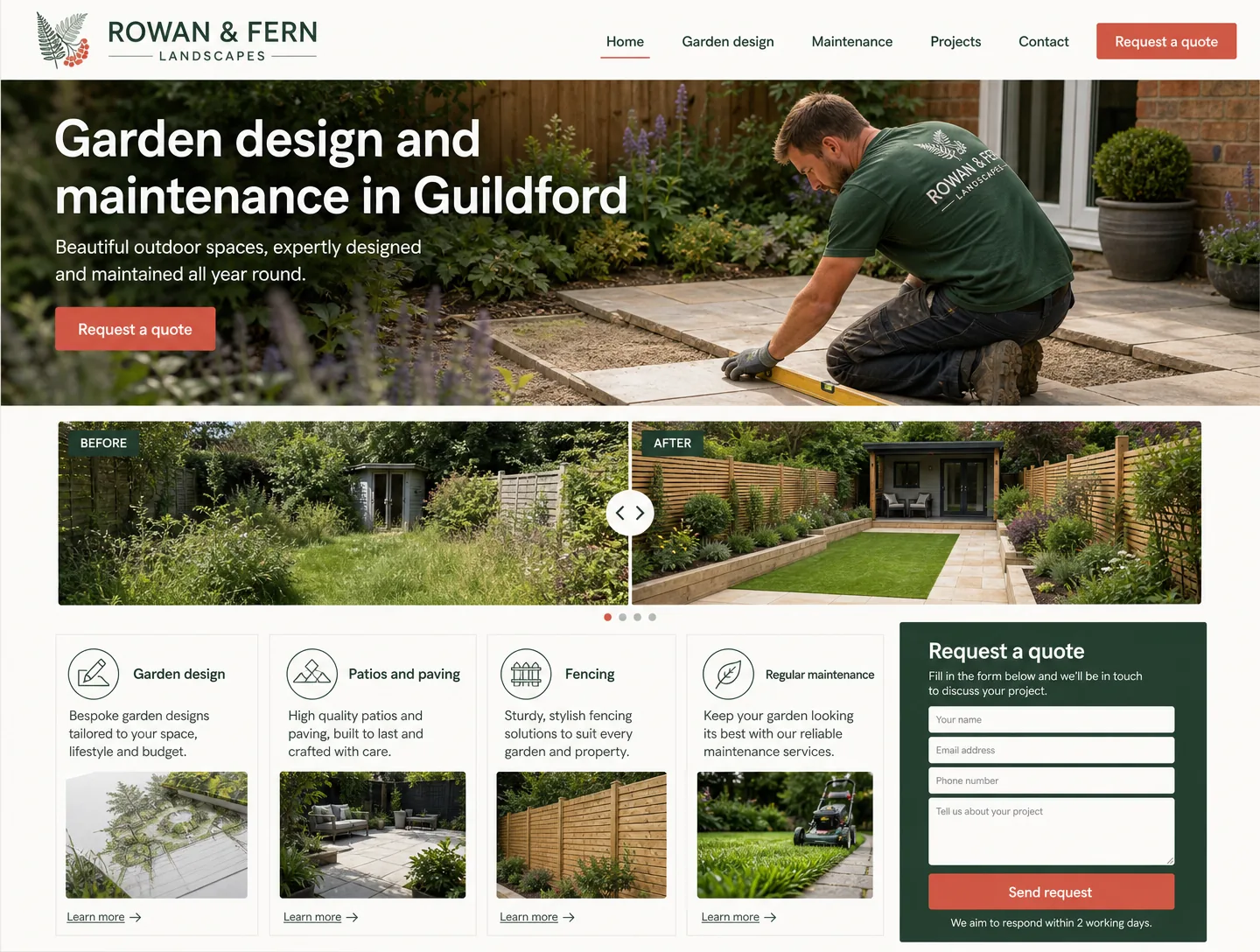 Example landscapers & gardeners website design showing the homepage on desktop