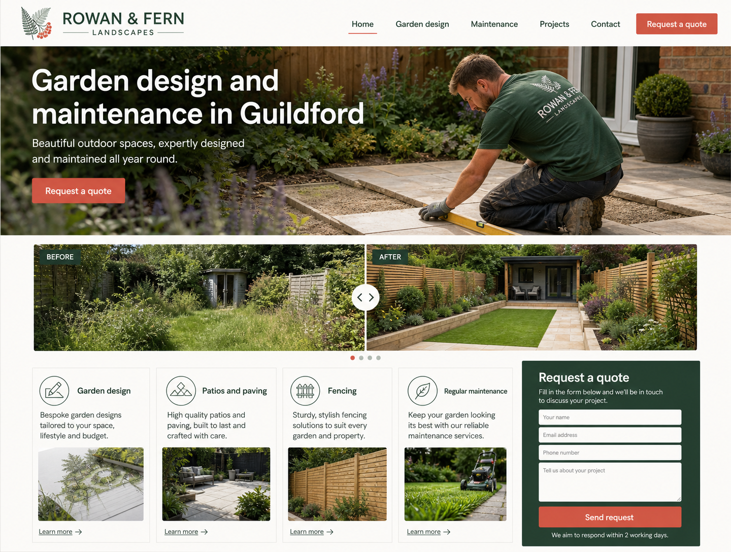 Example landscapers & gardeners website design showing the homepage on desktop