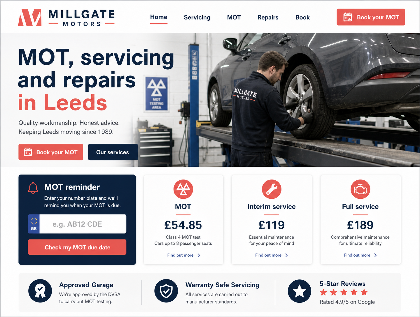 Example mechanics & garages website design showing the homepage on desktop