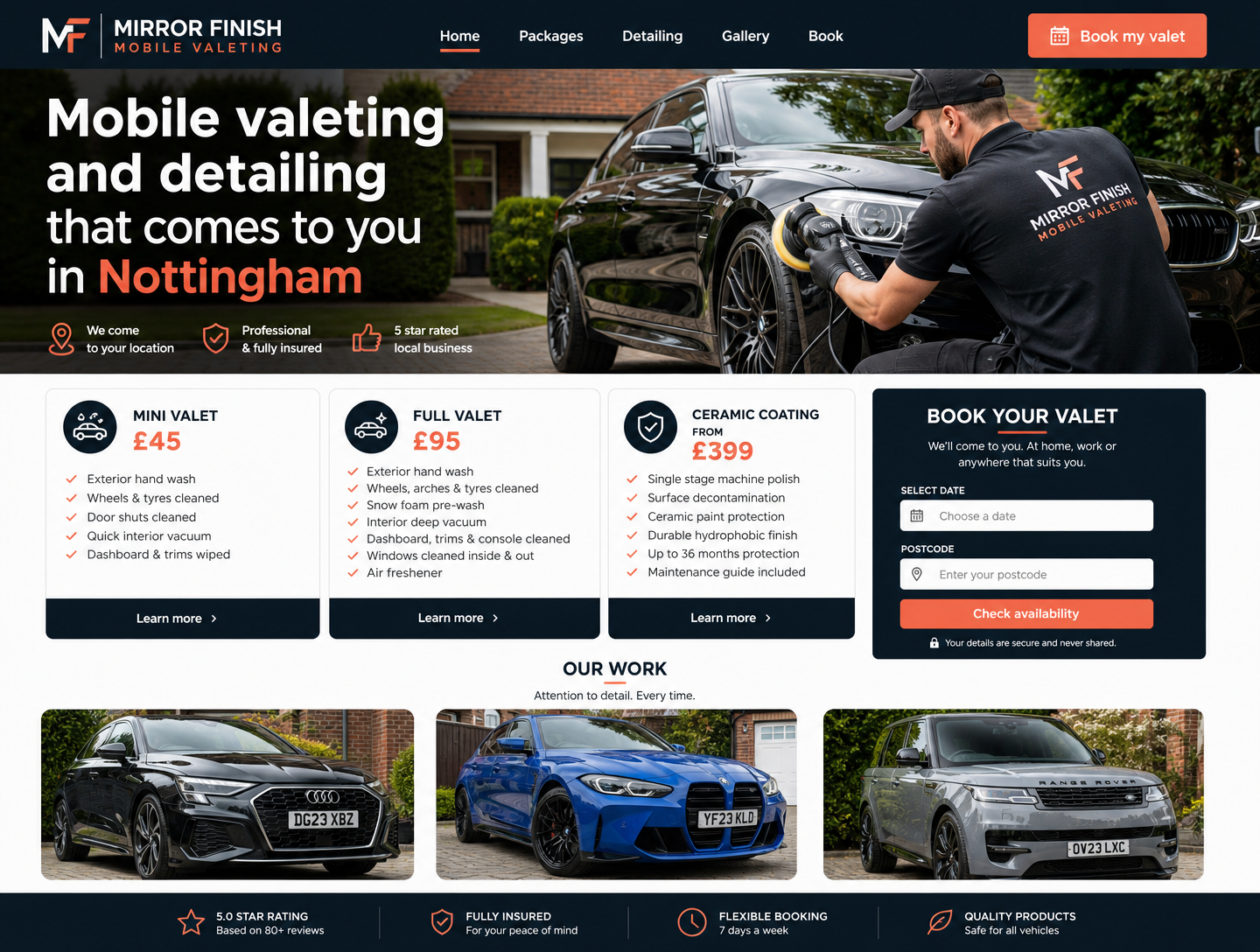 Example mobile valeters & detailers website design showing the homepage on desktop