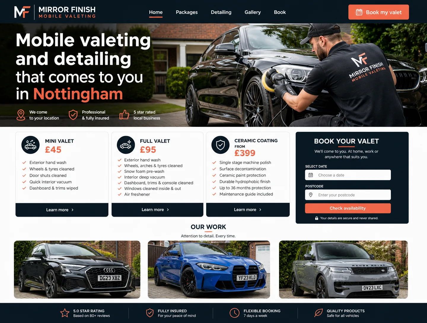 Example mobile valeters & detailers website design showing the homepage on desktop