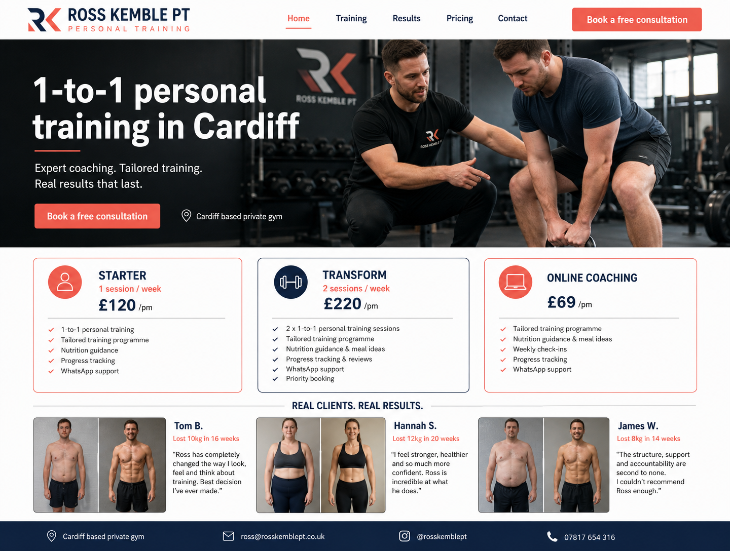 Example personal trainers website design showing the homepage on desktop
