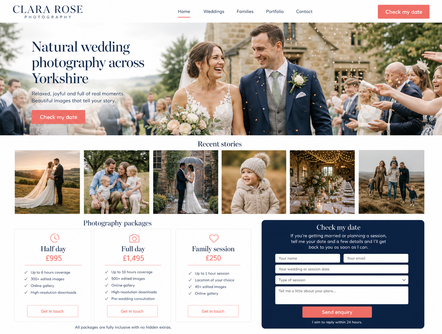 Example photographers website design showing the homepage on desktop