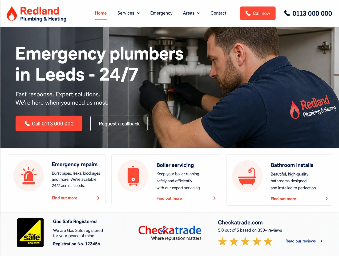Example plumbers website design showing the homepage on desktop