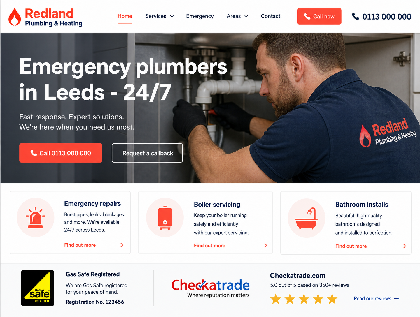 Example plumbers website design showing the homepage on desktop