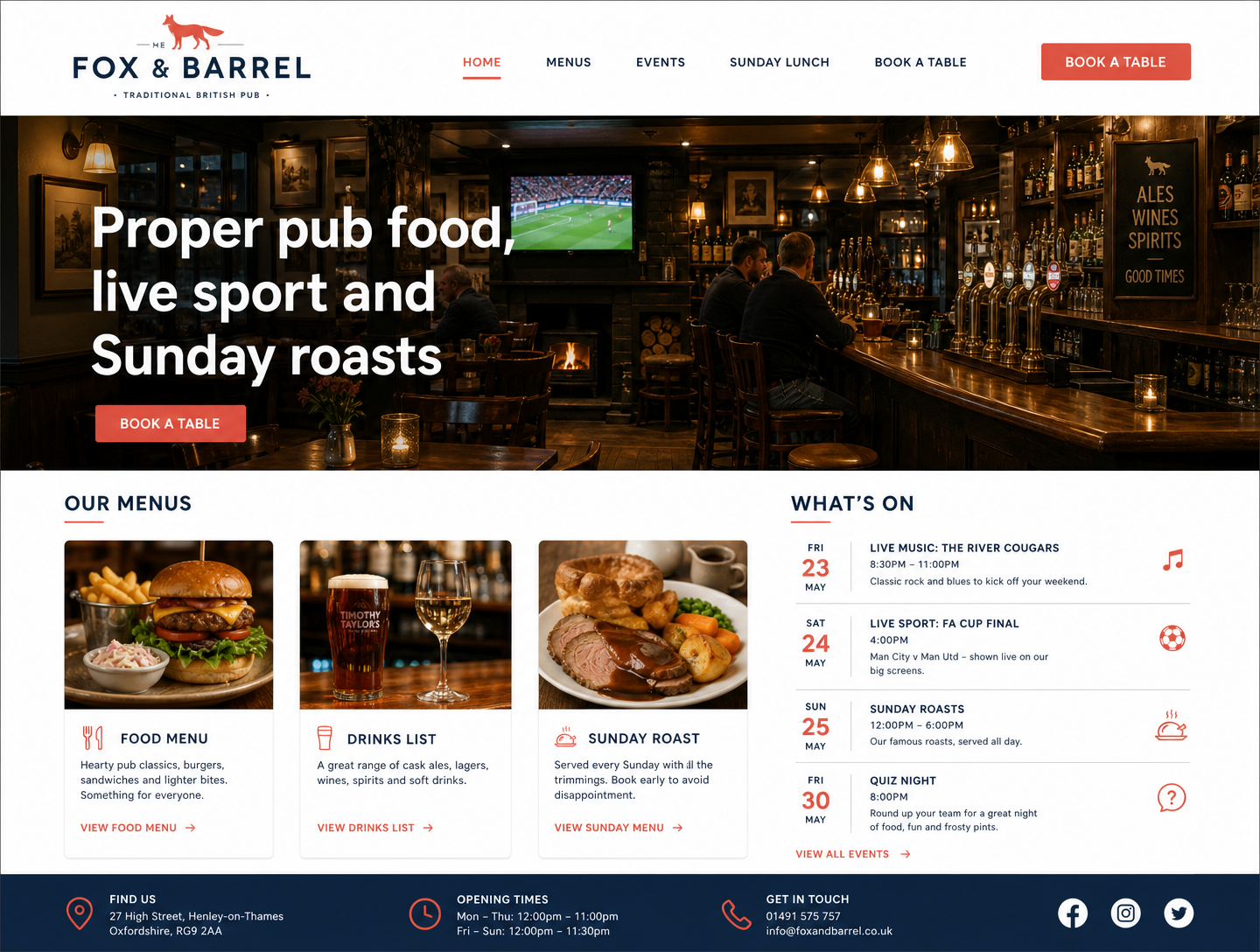 Example pubs website design showing the homepage on desktop