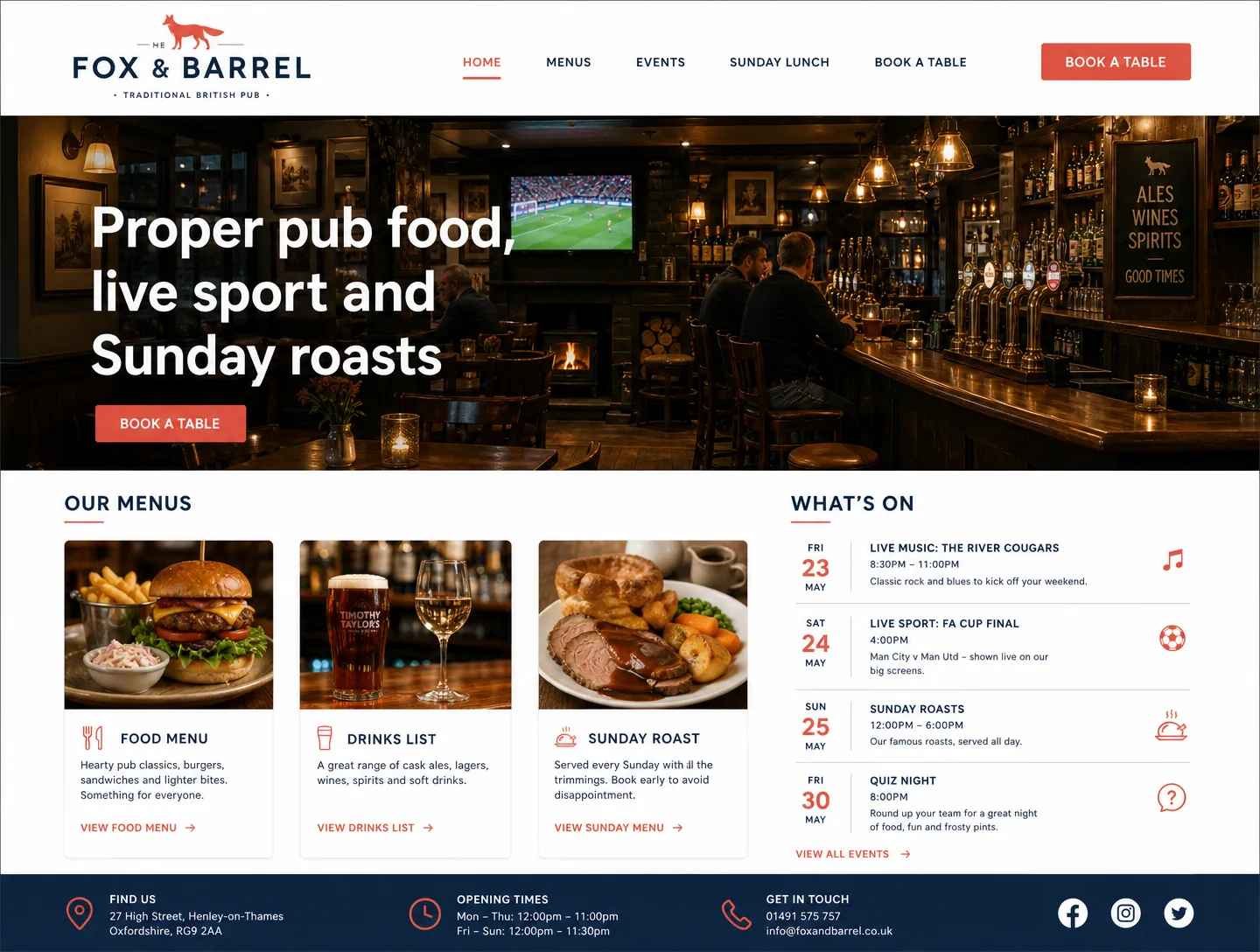 Example pubs website design showing the homepage on desktop