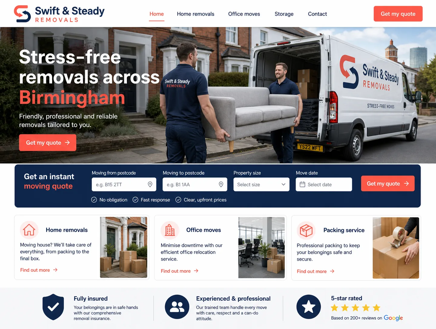 Example removal companies website design showing the homepage on desktop