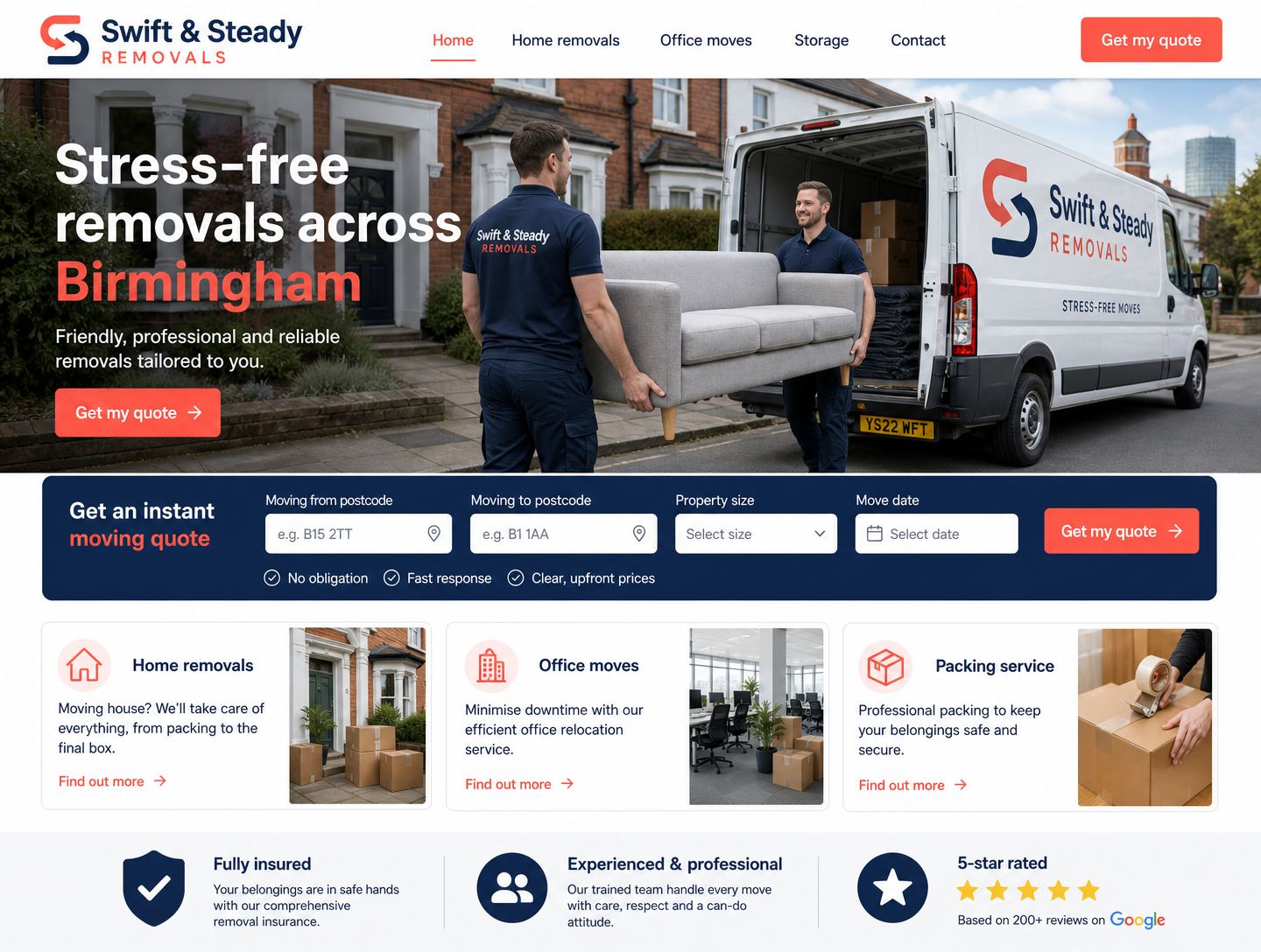 Example removal companies website design showing the homepage on desktop