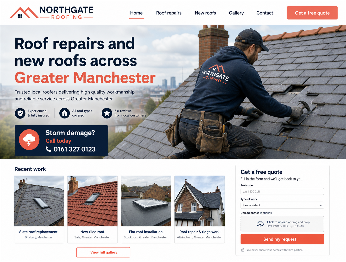 Example roofers website design showing the homepage on desktop