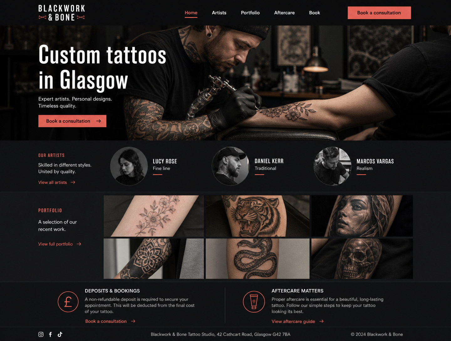 Example tattoo studios website design showing the homepage on desktop