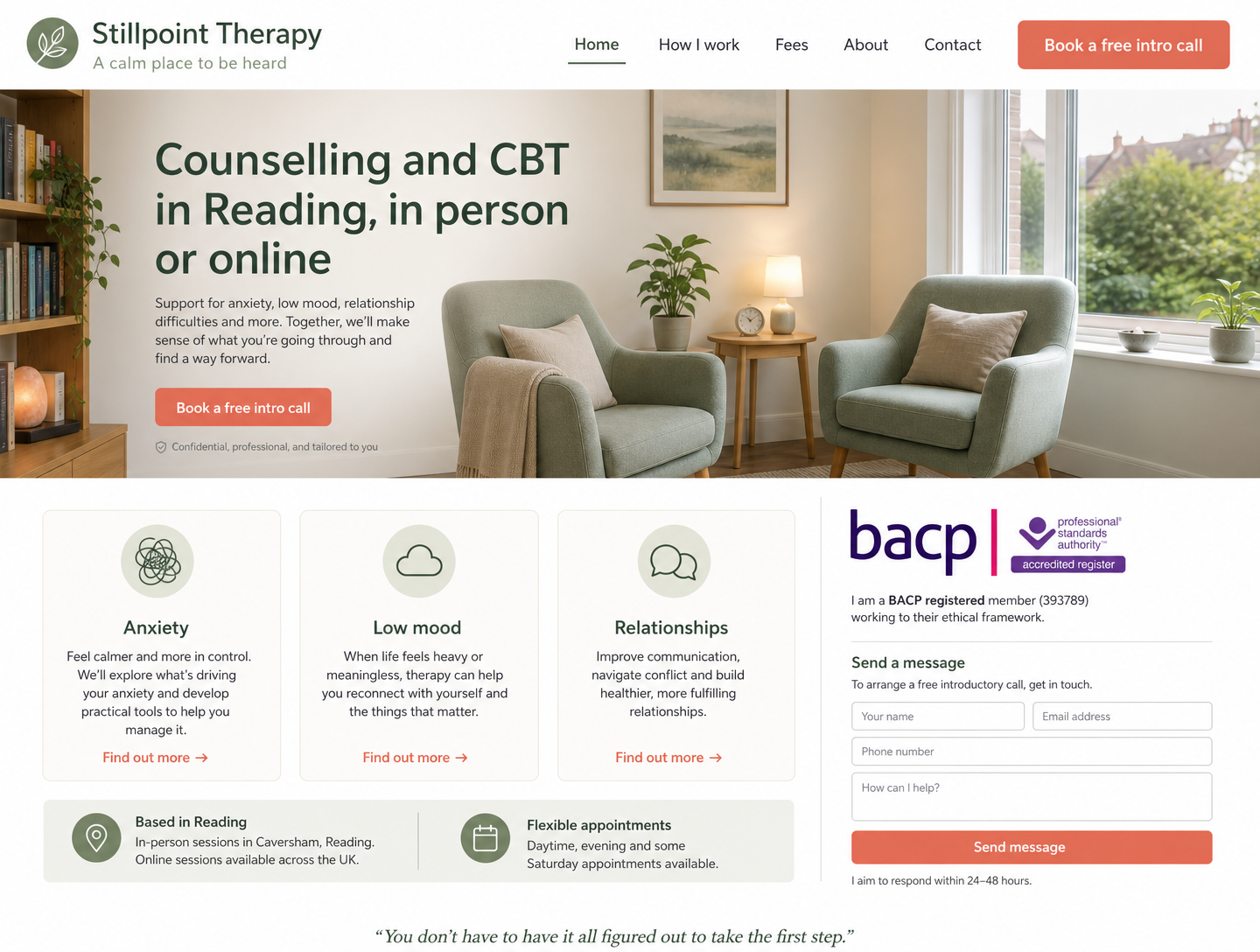 Example therapists website design showing the homepage on desktop