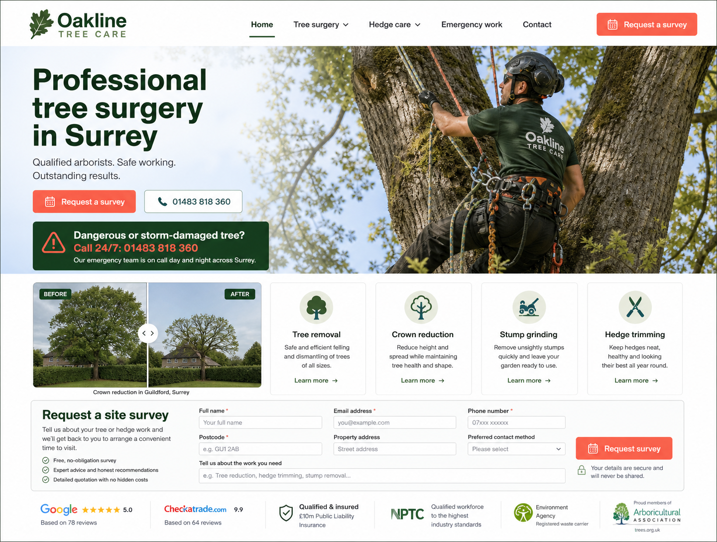 Example tree surgeons website design showing the homepage on desktop