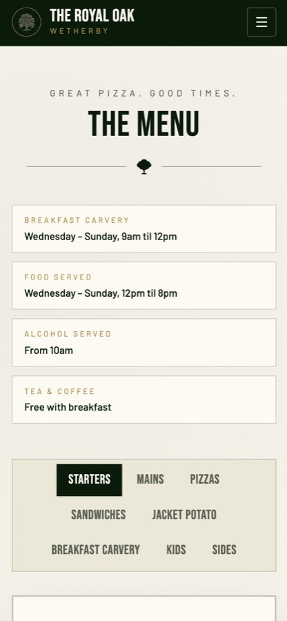 The Royal Oak Wetherby mobile view