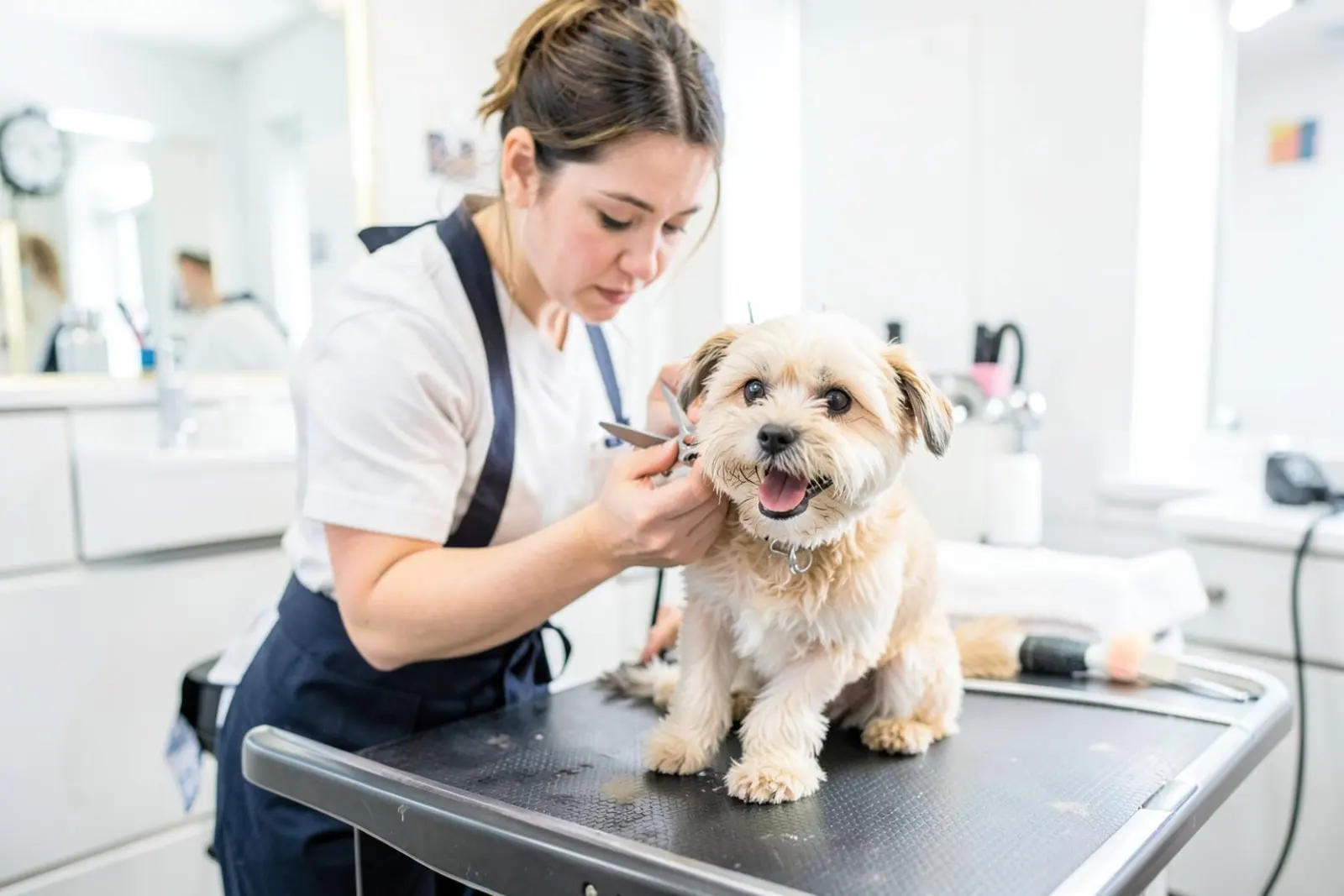 A dog groomer trimming a small dog on a grooming table