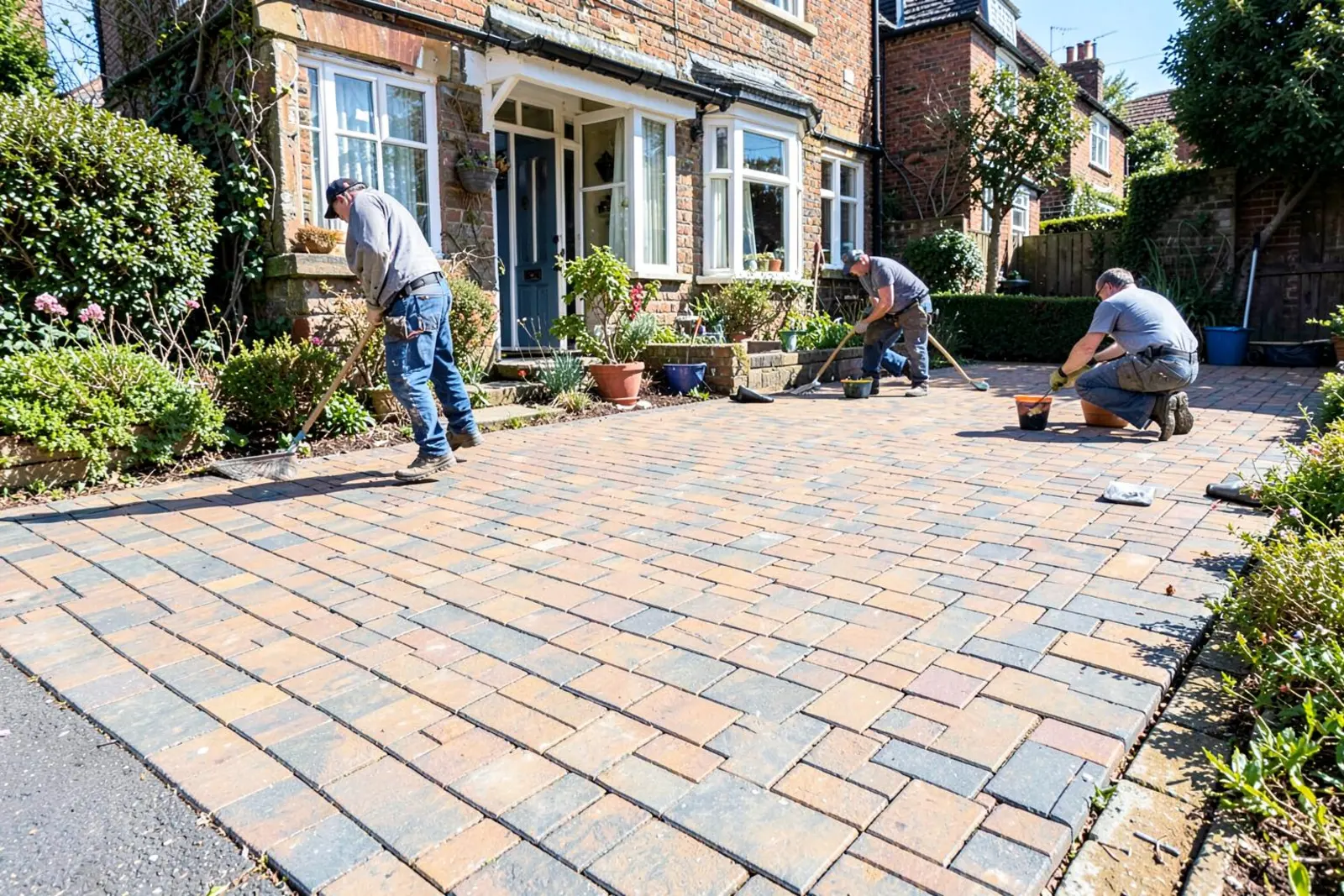 A newly laid block paving driveway outside a British house