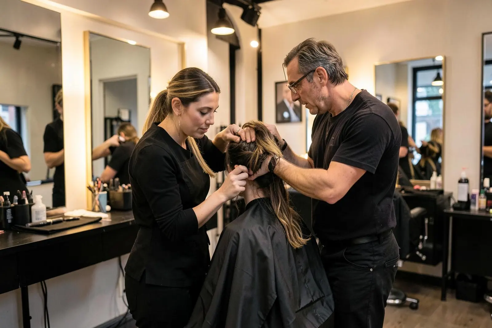 A hairdresser finishing a client's blow dry in a salon