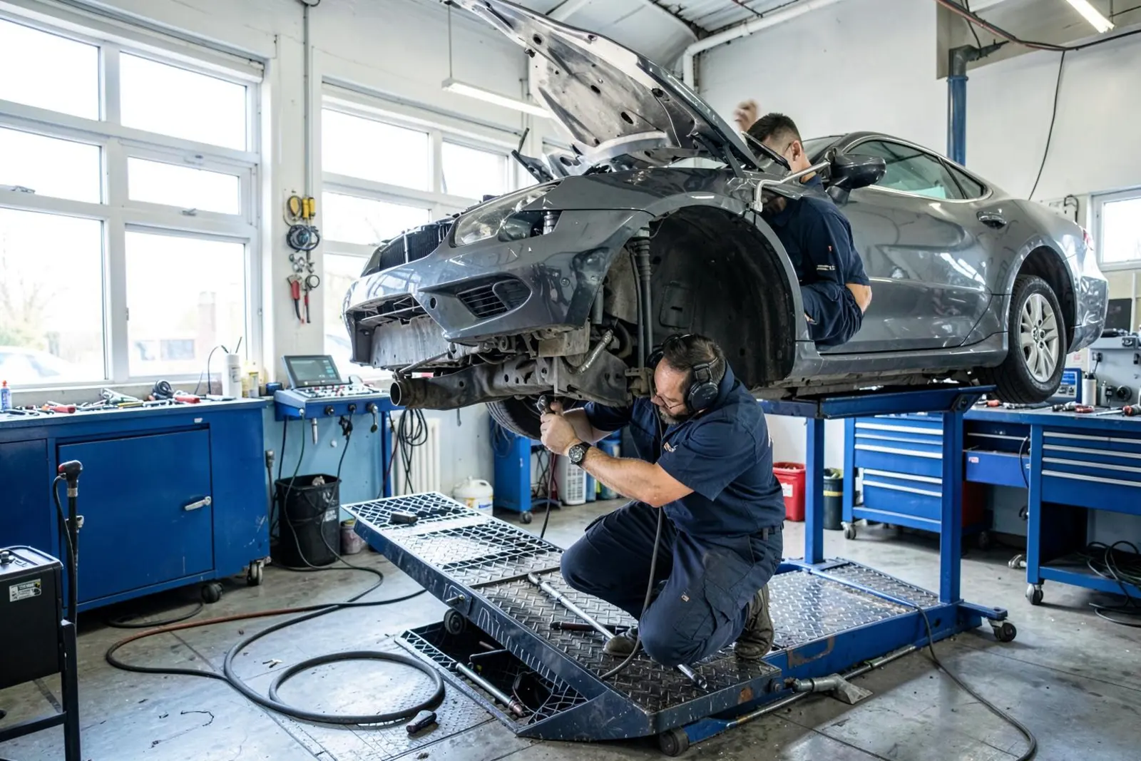 A mechanic working under a car on a ramp in a garage