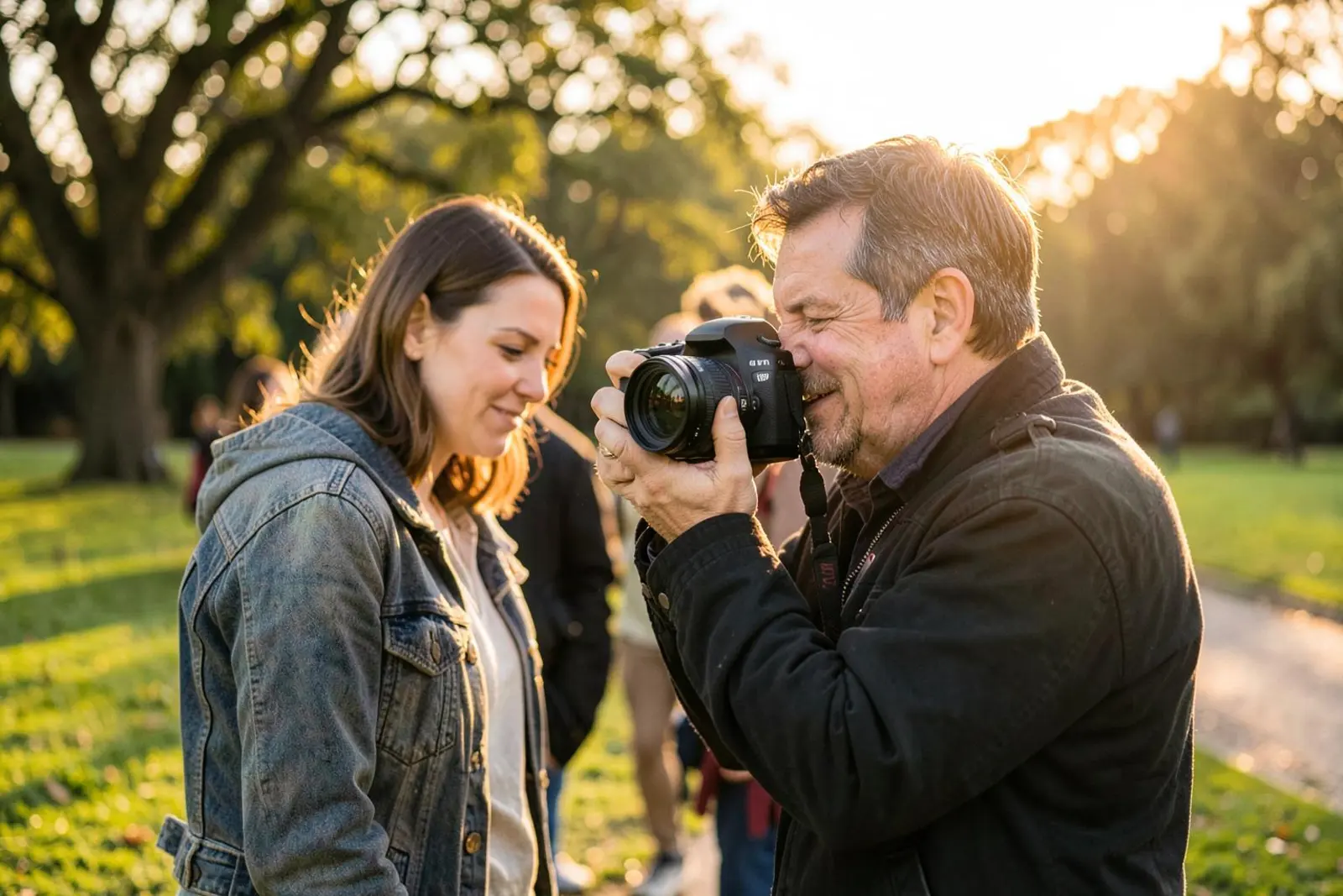 A photographer shooting a couple outdoors at golden hour
