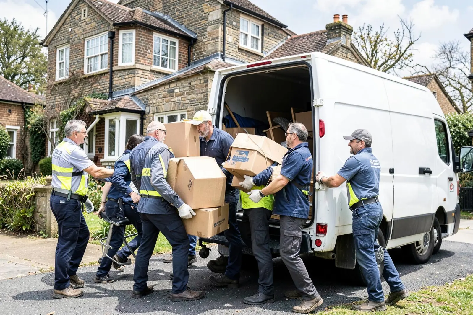A removals team loading boxes into a van outside a house