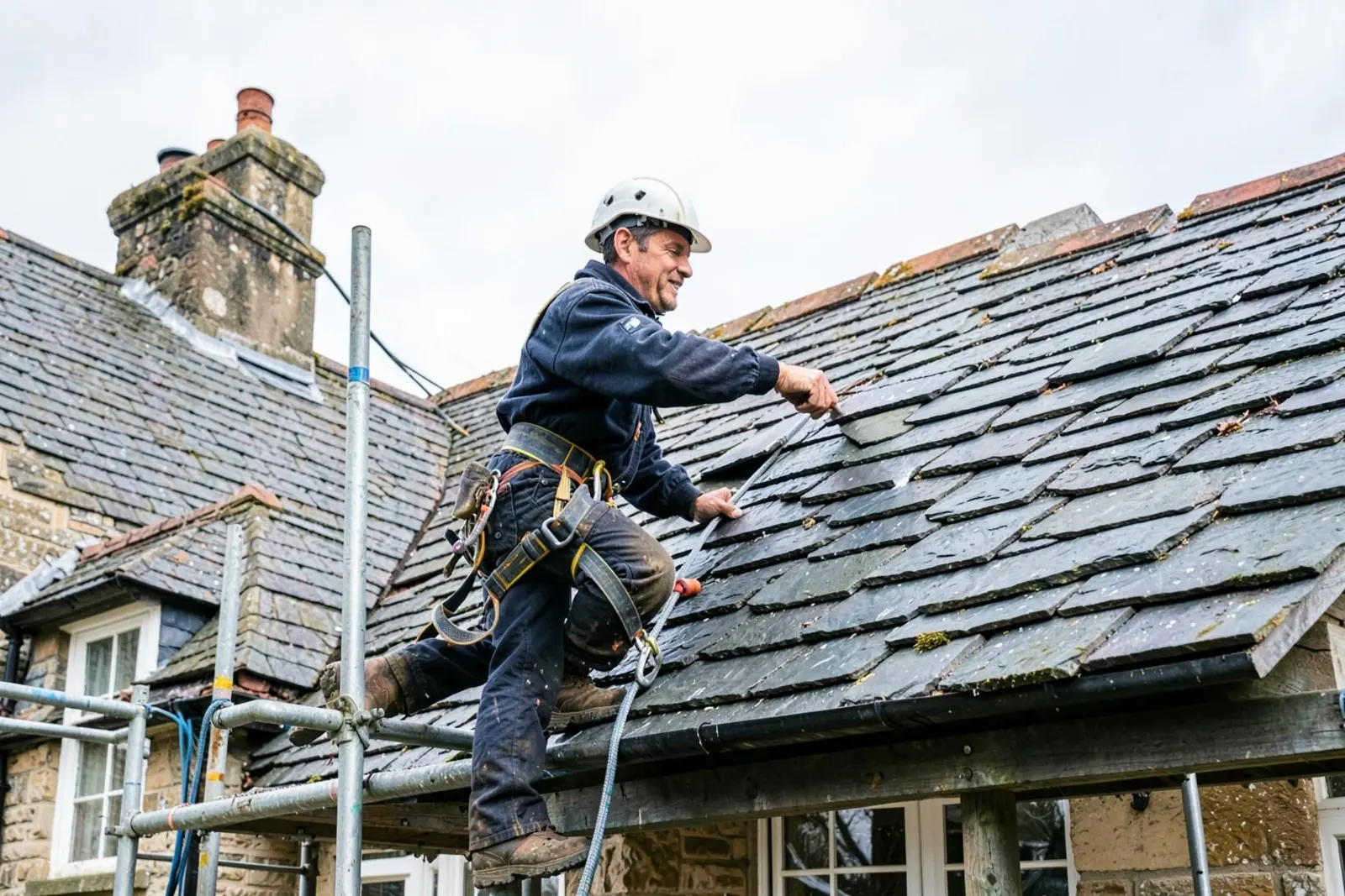 A roofer repairing slate tiles on a British house