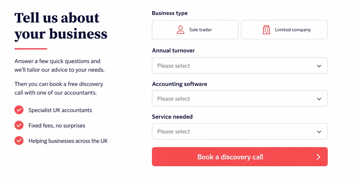 Example accountants website section: forms that qualify the business