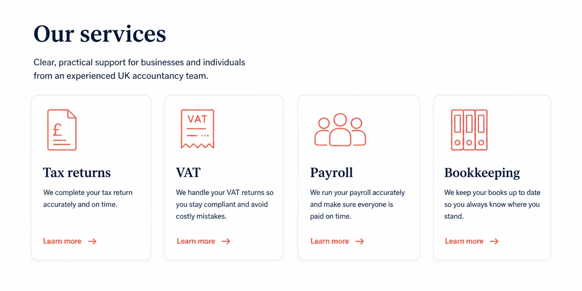 Example accountants website section: tax, vat, payroll and bookkeeping split clearly