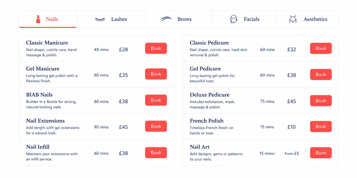 Example beauty salons website section: treatment menus grouped by decision