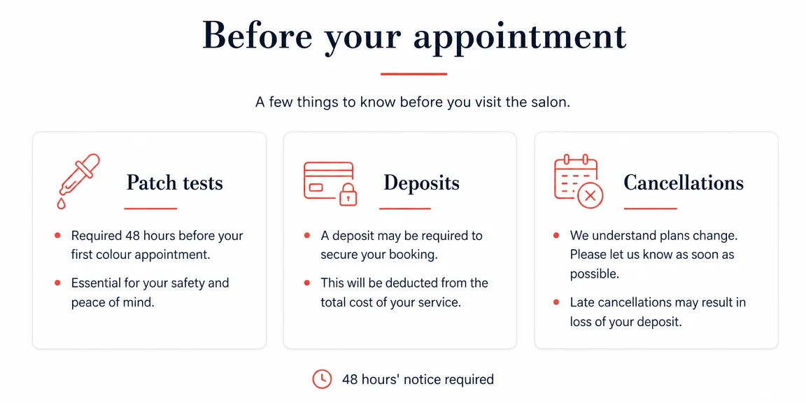 Example beauty salons website section: patch tests, deposits and policies made clear