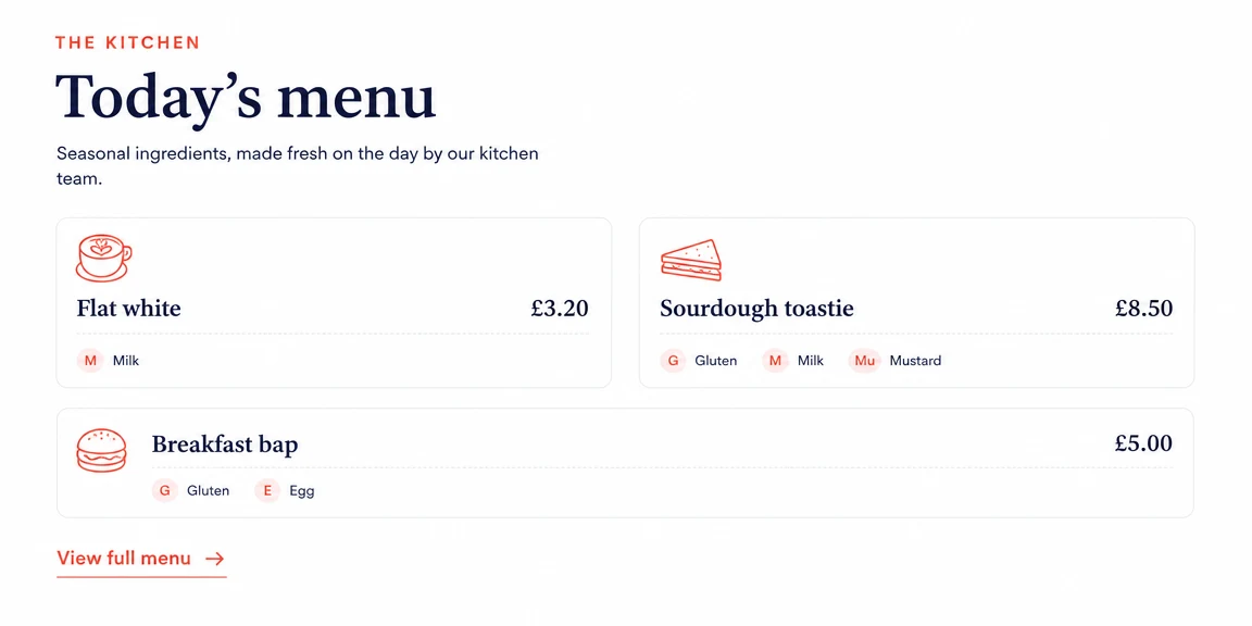 Example cafes & coffee shops website section: current menus instead of old screenshots