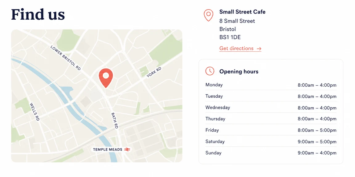 Example cafes & coffee shops website section: found in cafe near me searches