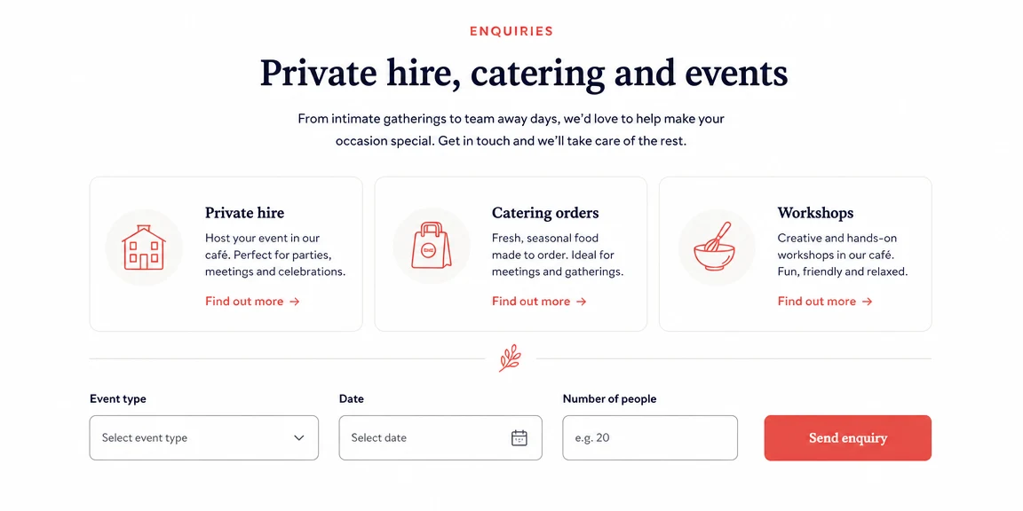 Example cafes & coffee shops website section: bookings, catering and community events