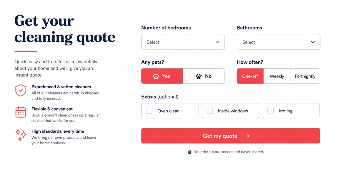 Example cleaning companies website section: bedrooms, frequency and extras captured