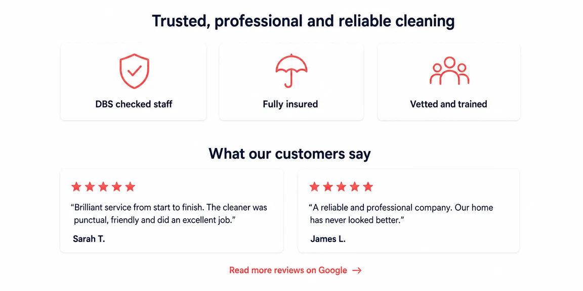 Example cleaning companies website section: dbs, insurance and reviews up front