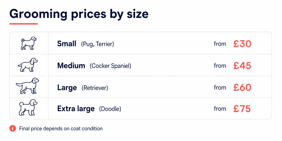 Example dog groomers website section: breed and size pricing guidance
