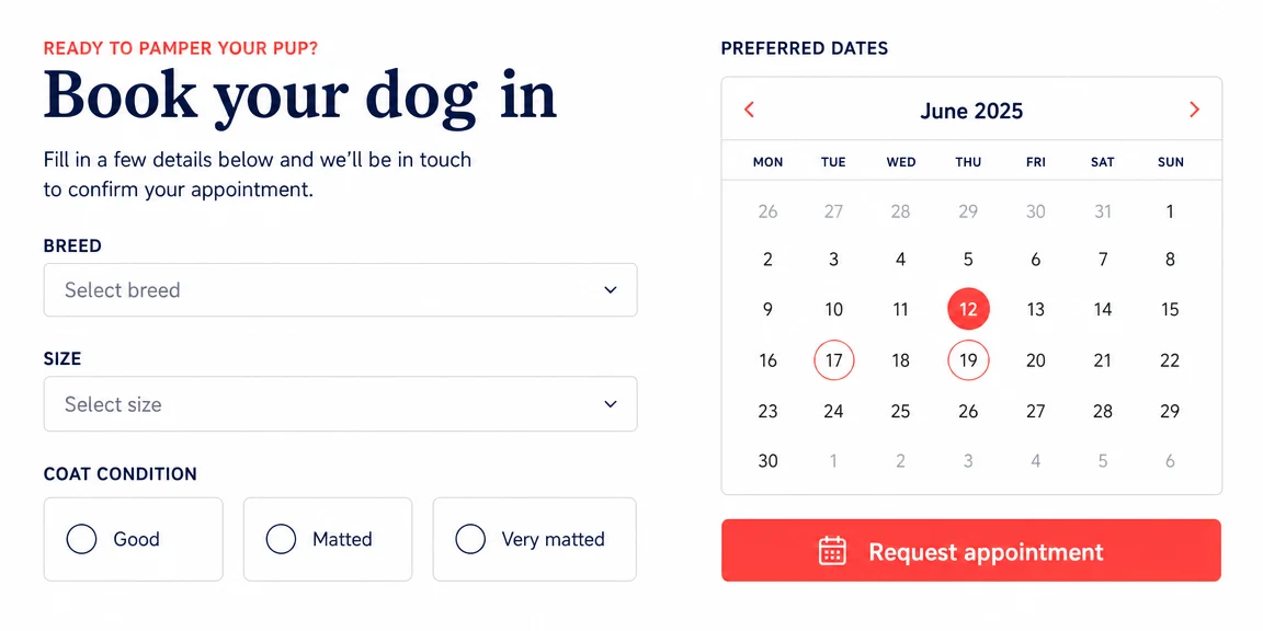 Example dog groomers website section: appointment requests with useful details